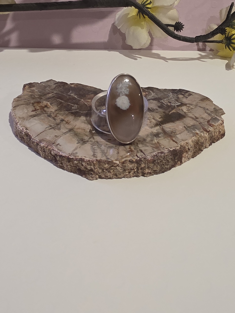 Handcrafted Flower Agate Ring, Sterling Silver. Brown, White
